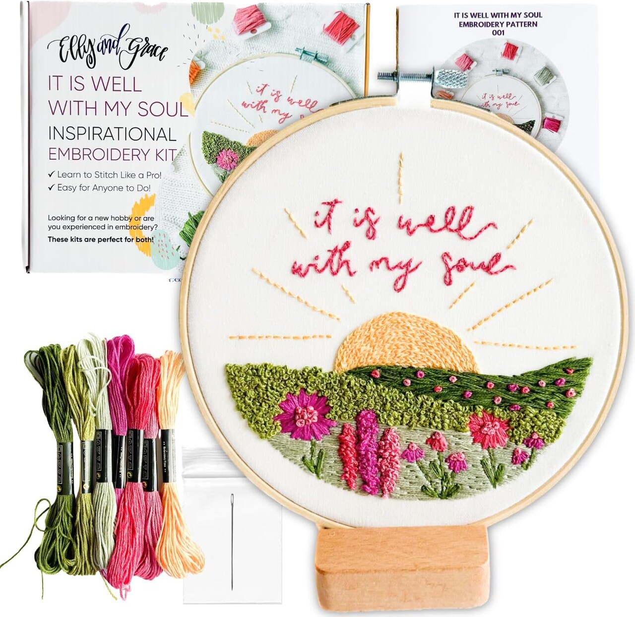 Elly & Grace “It Is Well” Christian Embroidery Kit – Beginner-Friendly Hoop Kit with Needles & Thread, Full DIY Craft for Adults
